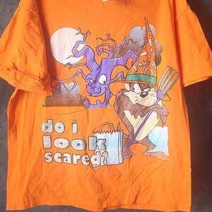 Vintage 1998 Looney Tunes Taz "Do I Look Scared" Halloween T-Shirt Orange XL